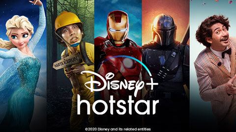 Foto poster Disney+ Hotstar dengan foto-foto film dan serial mancanegara dan Indonesia