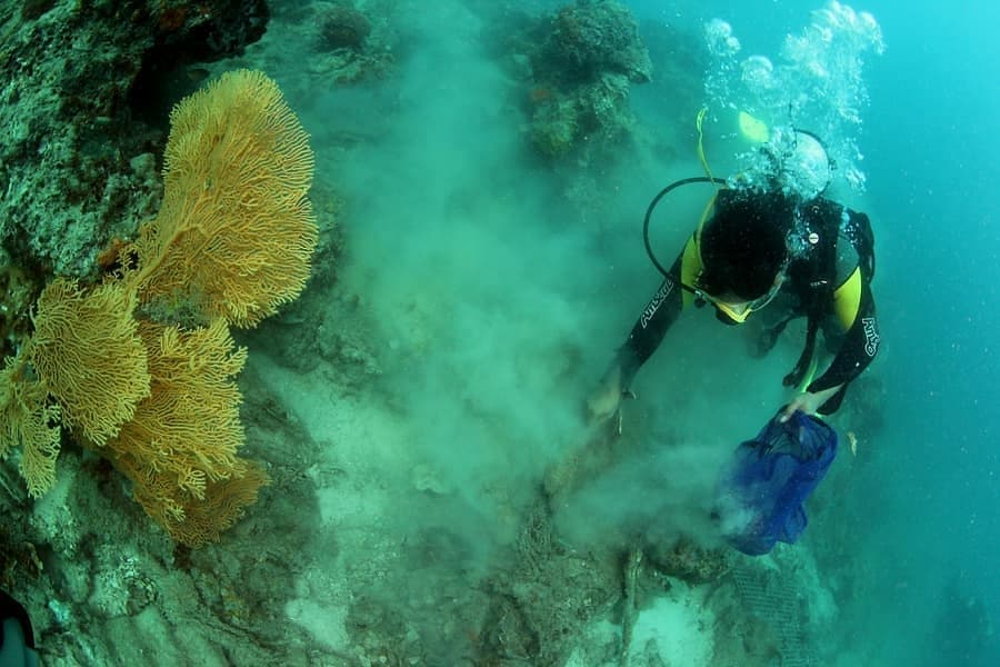 Tim Seasoldier menyelam dan membersihkan sampah dari karang lautan