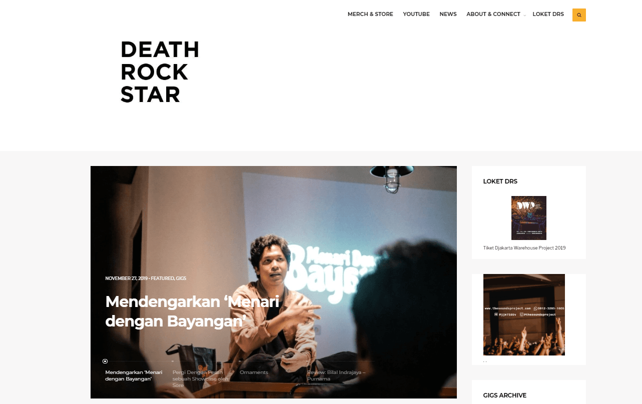 Tampilan webzine Deathrockstar yang rapi dan minimalis